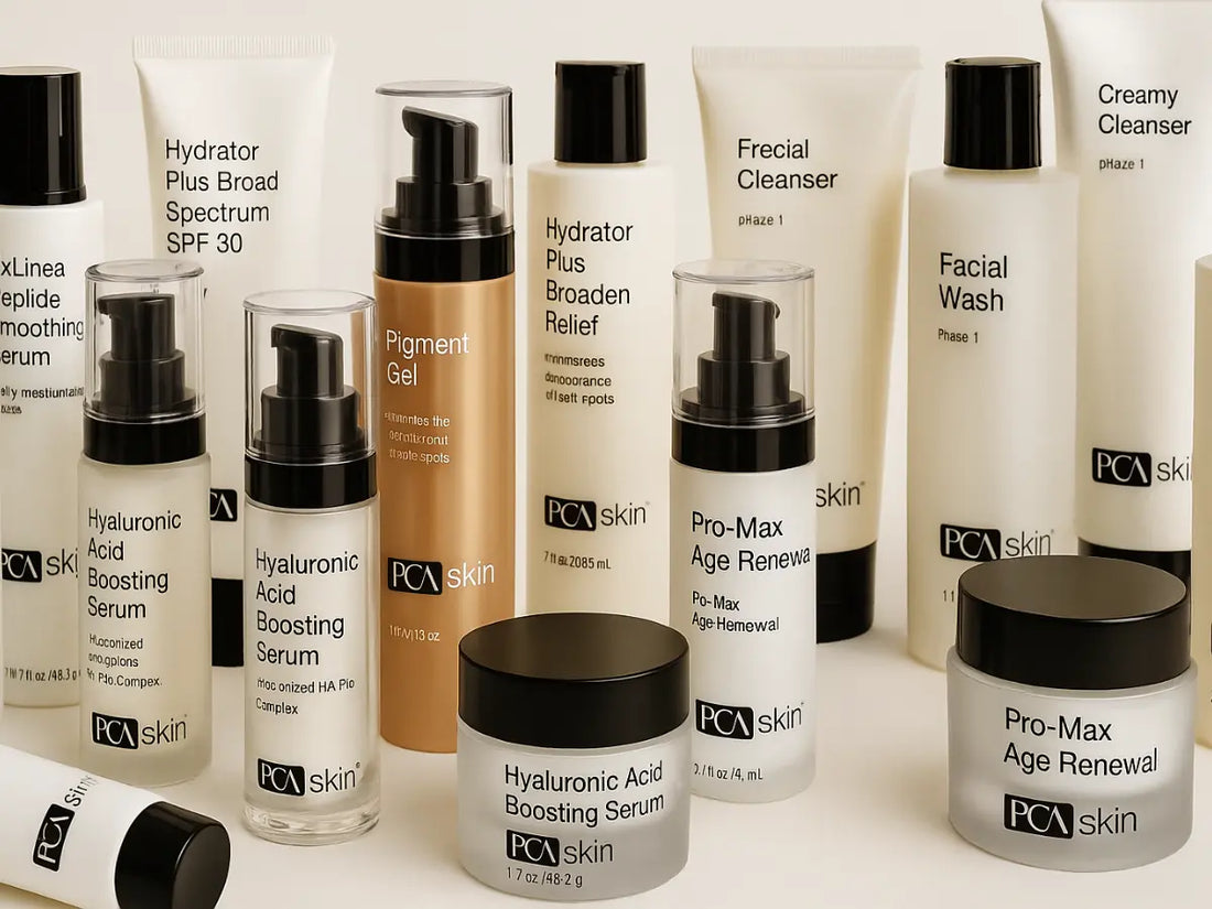 A display of PCA Skin care products available in Canada, including serums, cleansers, and moisturizers from the popular PCA Skin product line.