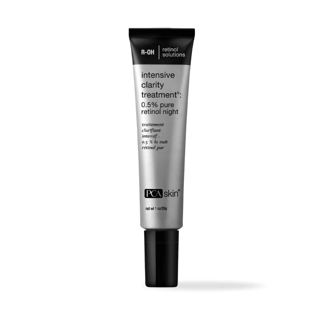 PCA Skin Intensive Clarify Solution 0.5% Pure Retinol Night Serum – a potent acne-fighting, oil-regulating, and skin-brightening night treatment.