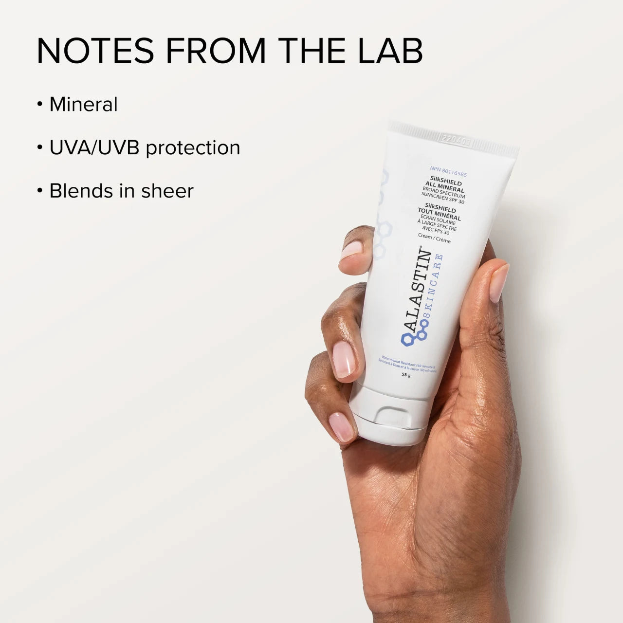 Alastin SilkSHIELD All Mineral Broad Spectrum Sunscreen SPF 30 Notes - Mineral, UVA UVB protection, Blends in sheer