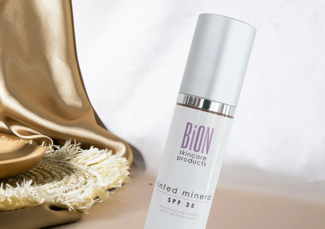 Bion Skincare Tinted Mineral SPF 35 - Hydrating, antioxidant-rich formula with Vitamin E, Aloe Vera, and Shea Butter for nourished skin.