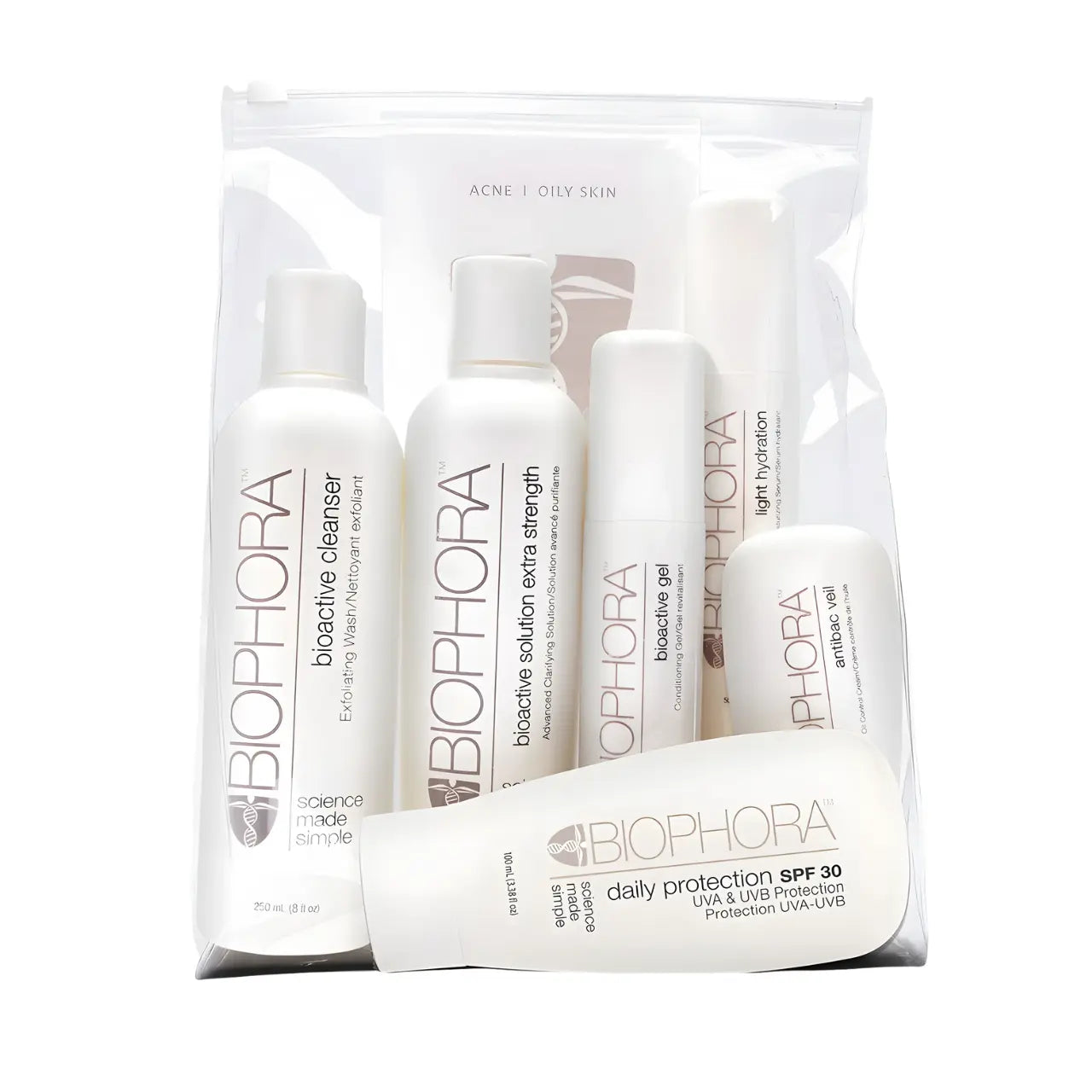 Biophora Acne Oily Kit with cleanser, toner, and moisturizer designed for acne-prone and oily skin to control excess oil and reduce breakouts