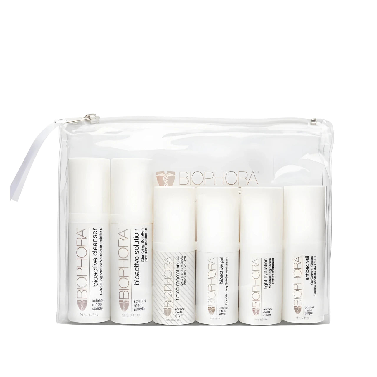 Biophora Acne Prone Travel Kit featuring cleanser, solution, gel, hydration, antibac veil, and tinted mineral SPF 30 for clearer, balanced skin.