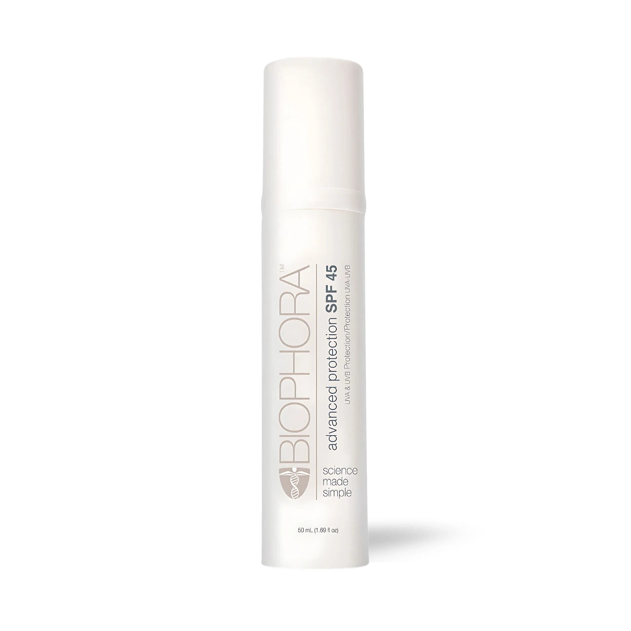 Biophora Advanced Protection SPF45 lightweight broad spectrum facial sunscreen with aloe vera for daily UVA and UVB defense.