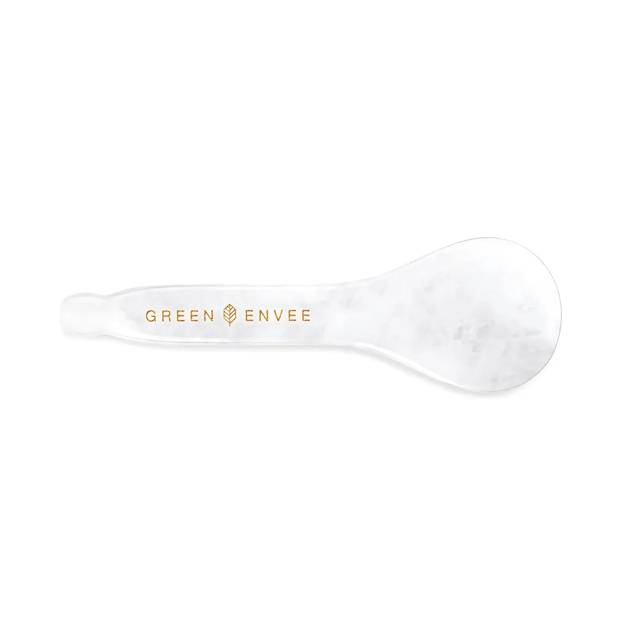 Green Envee White Jade Gua Sha Eye Depuff Tool for cooling massage, puffiness relief, and revitalized under-eye skin.
