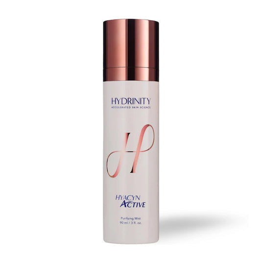 Hydrinity Hyacyn Active is a microbiome-friendly mist with Hypochlorous Acid that soothes, heals, and restores skin while enhancing skincare effectiveness.
