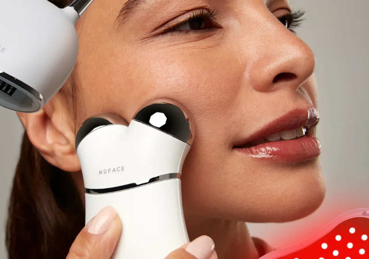NuFACE TRINITY+ microcurrent technology lifts and tones facial contours.