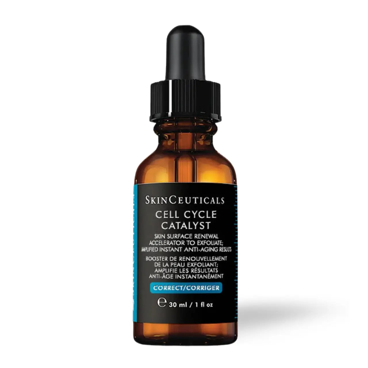 SkinCeuticals Cell Cycle Catalyst exfoliating serum with AHAs, BHAs, and Taurine to smooth texture, brighten skin, and refine pores.