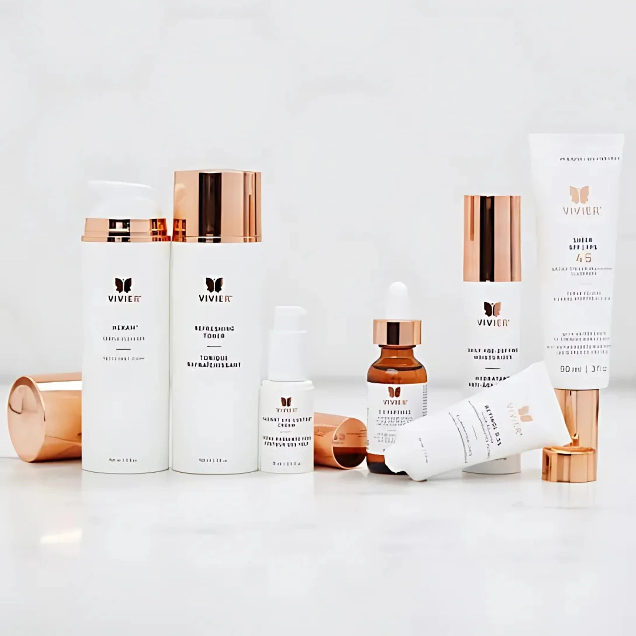 Deep hydration and protection with Vivier® Essential Anti-Aging Program’s Daily Age-Defying Moisturizer and SHEER SPF 45 for lasting moisture and sun protection.