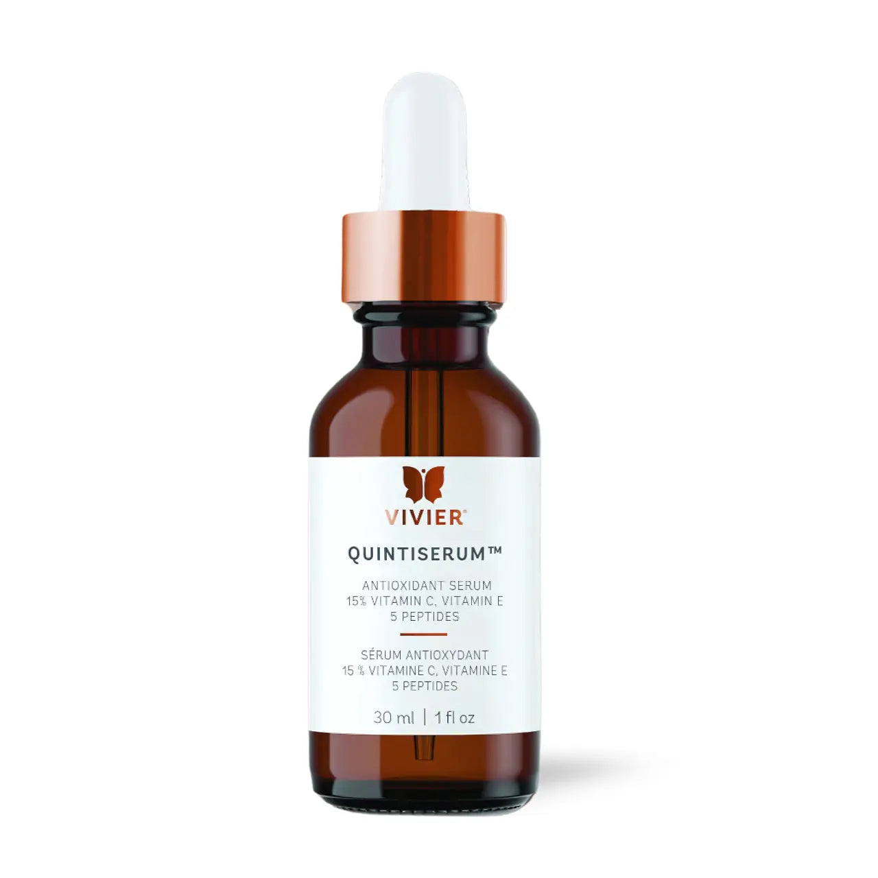 Vivier® QuintiSerum™, an advanced antioxidant serum with Vitamin C, Vitamin E, and peptides to hydrate, firm, and brighten skin.