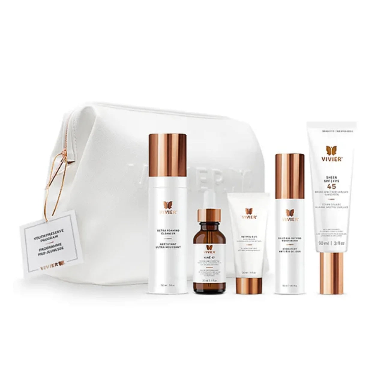 Vivier® Youth Preserve Program – 5-step anti-aging routine with cleanser, Vitamin C, Retinol, moisturizer & SPF.