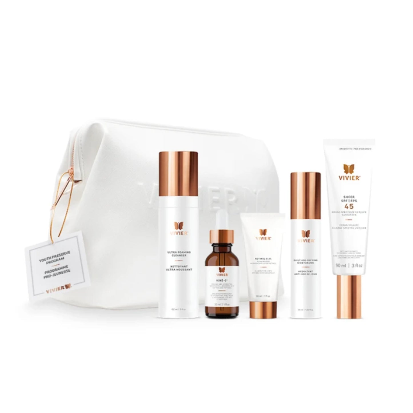 Vivier® Youth Preserve Program – 5-step anti-aging routine with cleanser, Vitamin C, Retinol, moisturizer & SPF.