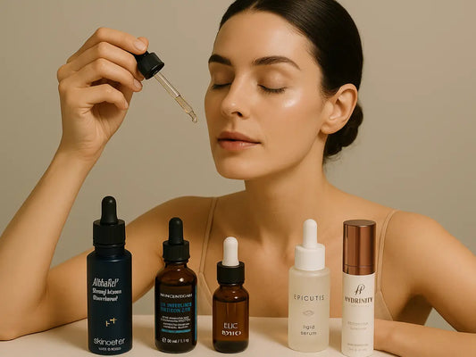 A woman applying medical-grade skincare serum, surrounded by top medical-grade skincare products available in Canada, including Skinbetter, SkinCeuticals, and EltaMD.