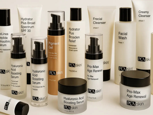 A display of PCA Skin care products available in Canada, including serums, cleansers, and moisturizers from the popular PCA Skin product line.