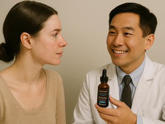 A woman with sensitive skin speaking to an Asian dermatologist holding a SkinCeuticals serum, discussing the best face care and skin products recommended by dermatologists.