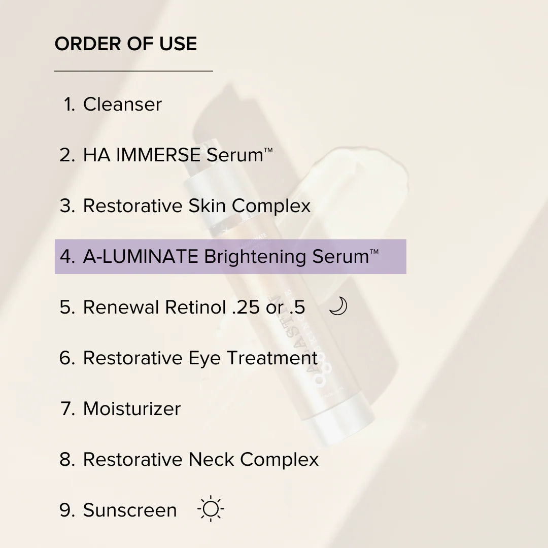 Alastin A-LUMINATE Brightening Serum™ visibly reduces hyperpigmentation, evens skin tone, and restores a radiant, healthy-looking complexion.