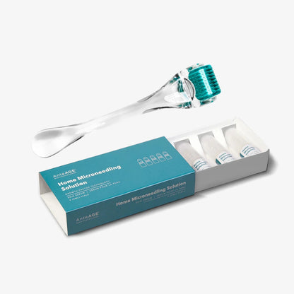 AnteAGE Home Microneedling Solution Kit featuring microneedling vials with stem cytokines and hyaluronic acid, plus a 0.25mm microneedling roller for at-home collagen boosting and skin rejuvenation.