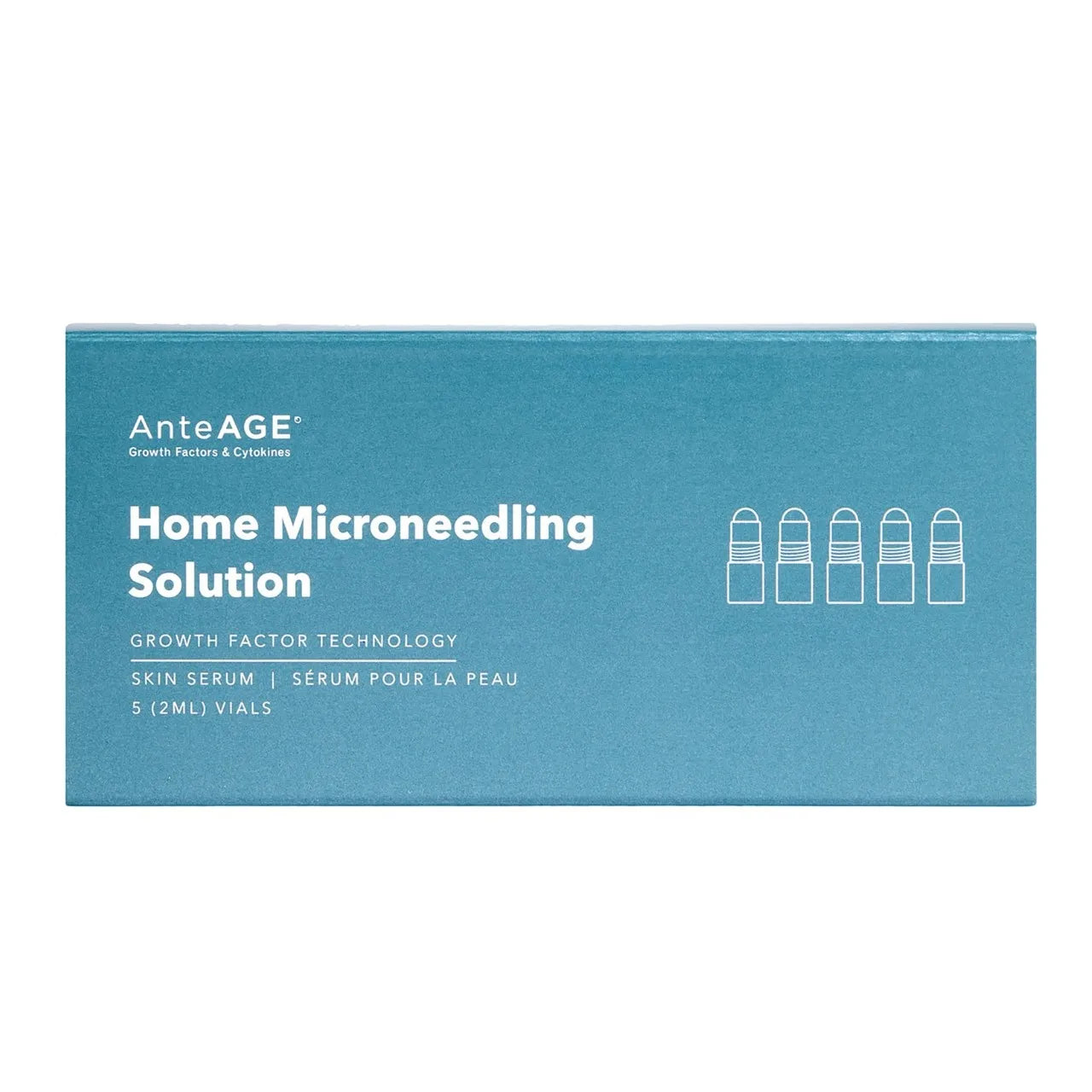 Closed box of AnteAGE Home Microneedling Solution vials for collagen boosting and hydration treatments at home.