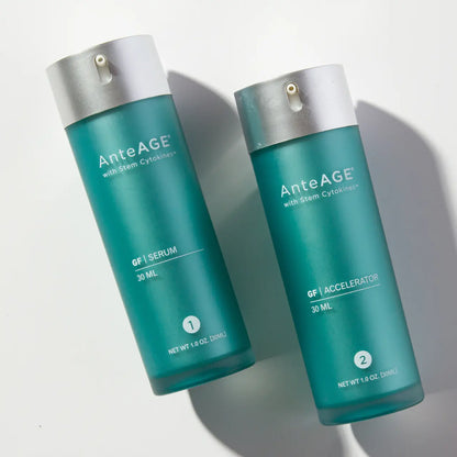 AnteAGE Serum and Accelerator bottles displayed together, featuring advanced anti-aging skincare formulated with Stem Cytokines™, potent peptides, and antioxidants to hydrate, repair, and rejuvenate skin for a youthful, radiant appearance.