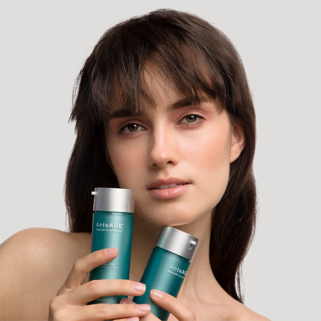 Model showcasing the AnteAGE System for anti-aging treatment, featuring advanced skincare products designed to rejuvenate and restore youthful skin.