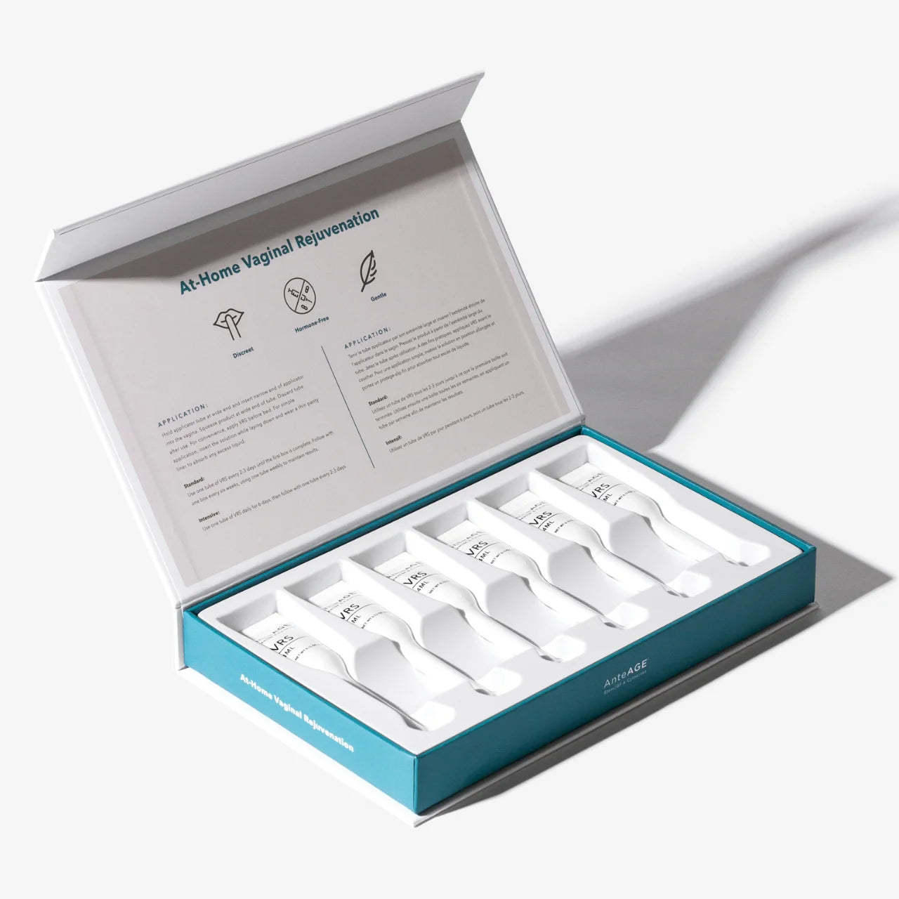 AnteAGE® Vaginal Rejuvenation Solution (VRS) products inside their box, featuring a hormone-free formula with Bone Marrow Stem Cytokines™ and hyaluronic acid to restore hydration, reduce inflammation, and promote vaginal health and comfort.