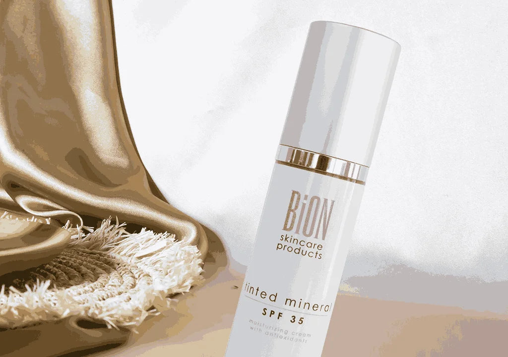 Bion Skincare Tinted Mineral SPF 35 - Hydrating, antioxidant-rich formula with Vitamin E, Aloe Vera, and Shea Butter for nourished skin.