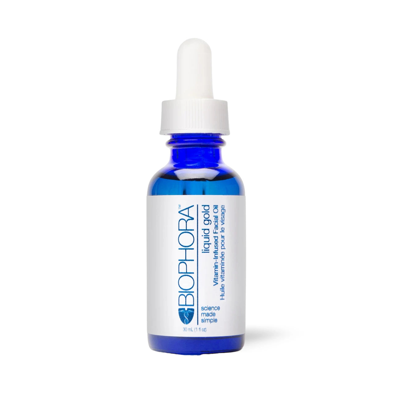 Biophora Liquid Gold radiance face oil with vitamins, antioxidants, and botanicals to hydrate, repair, and rejuvenate skin.