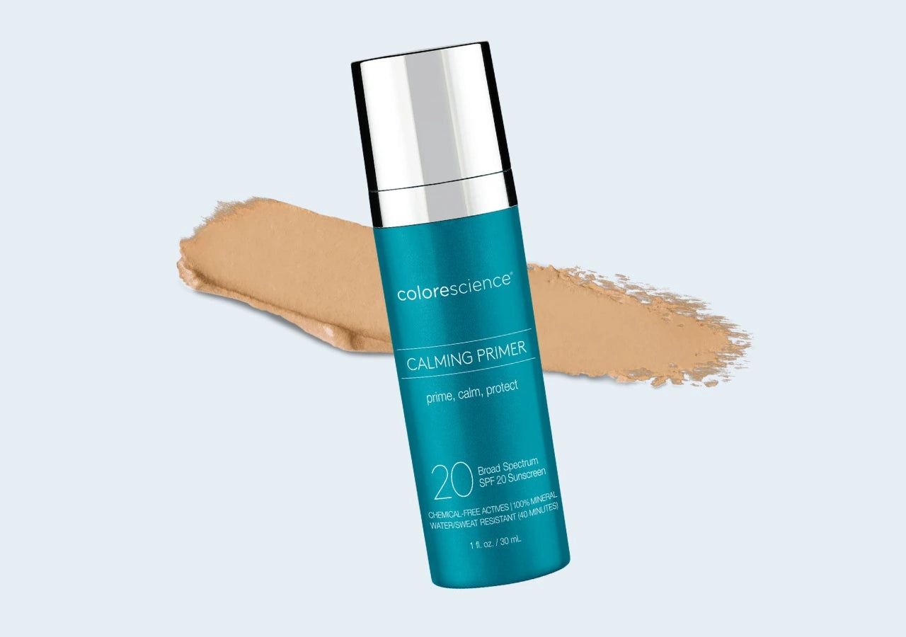 Colorescience® Calming Primer SPF 20 – 100% mineral SPF 20 protects sensitive skin from UVA/UVB rays & environmental stressors.