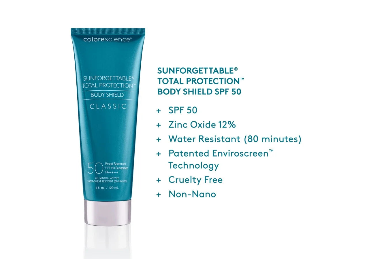 Colorescience Sunforgettable® Body Shield SPF 50 – Hydrating and antioxidant-rich sunscreen with Shea Butter Esters to nourish and condition skin while protecting against environmental stressors.