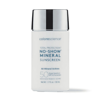 Colorescience No-Show™ 50 ml Mineral Sunscreen SPF 50 – sheer, all-mineral, broad-spectrum SPF with no white cast, blue light defense, and hydration.