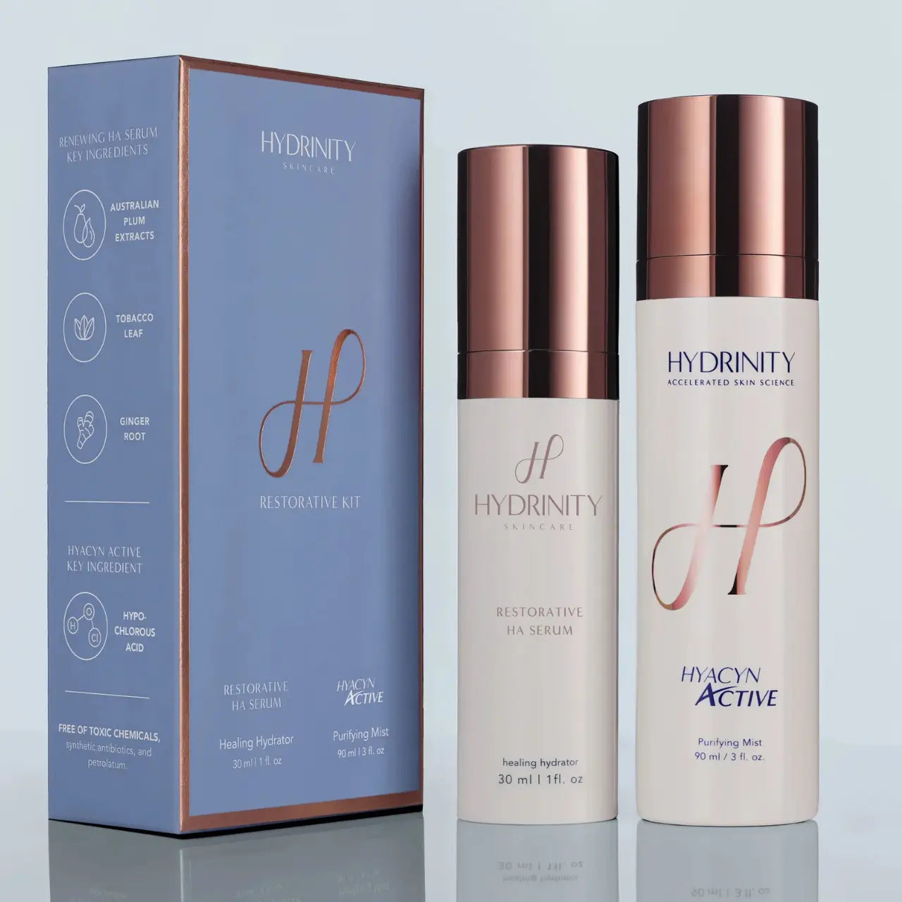 Hydrinity Restorative Post-Procedure Kit delivering a deep hydration boost with Supercharged Hyaluronic Acid for optimal moisture retention.