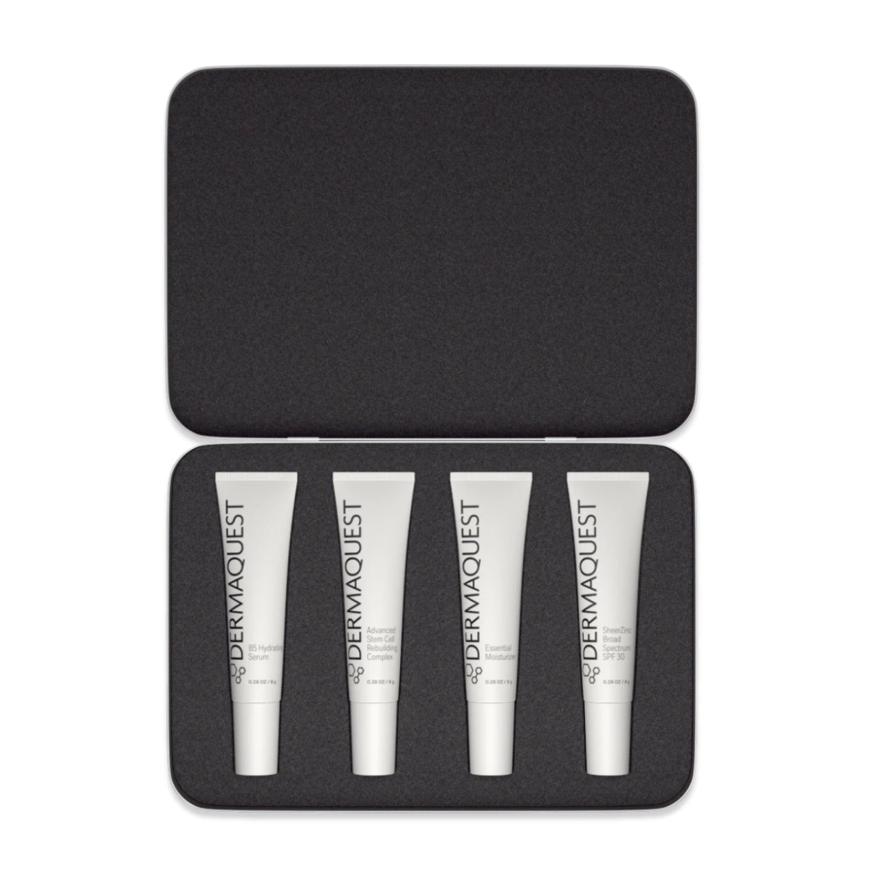 DermaQuest Essentials Kit featuring four essential skincare products for daily hydration, repair, and UV protection.