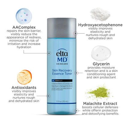 EltaMD Skin Recovery Essence Toner hydrates, soothes, and strengthens skin with AAComplex and Malachite Extract, packed with nourishing ingredients.