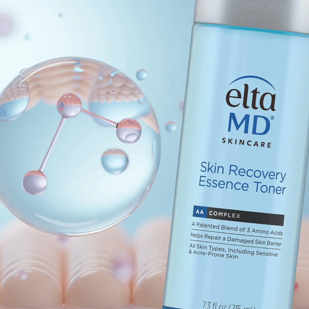 EltaMD Skin Recovery Essence Toner strengthens the skin barrier with Biosaccharide Gum-1 and Hydroxyacetophenone.