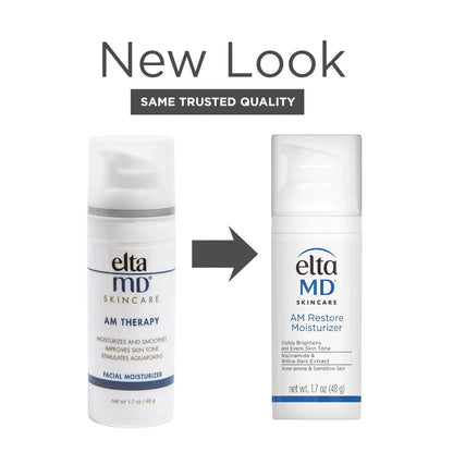 EltaMD AM Restore Moisturizer now features a fresh look while continuing to hydrate, brighten, and smooth skin with Niacinamide, Willow Bark Extract, and Hyaluronic Acid—perfect for oily and sensitive skin.