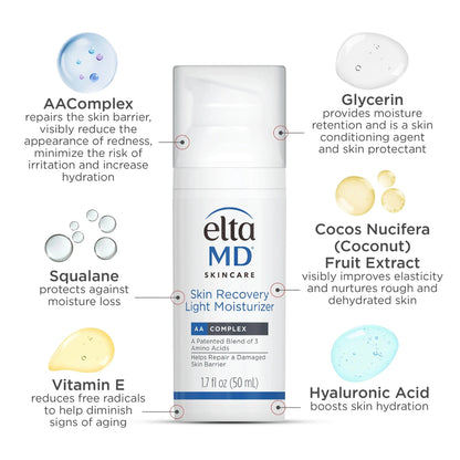 EltaMD Skin Recovery Light Moisturizer – lightweight, non-greasy hydration with AAComplex and skin-nourishing ingredients to restore and protect the skin barrier.