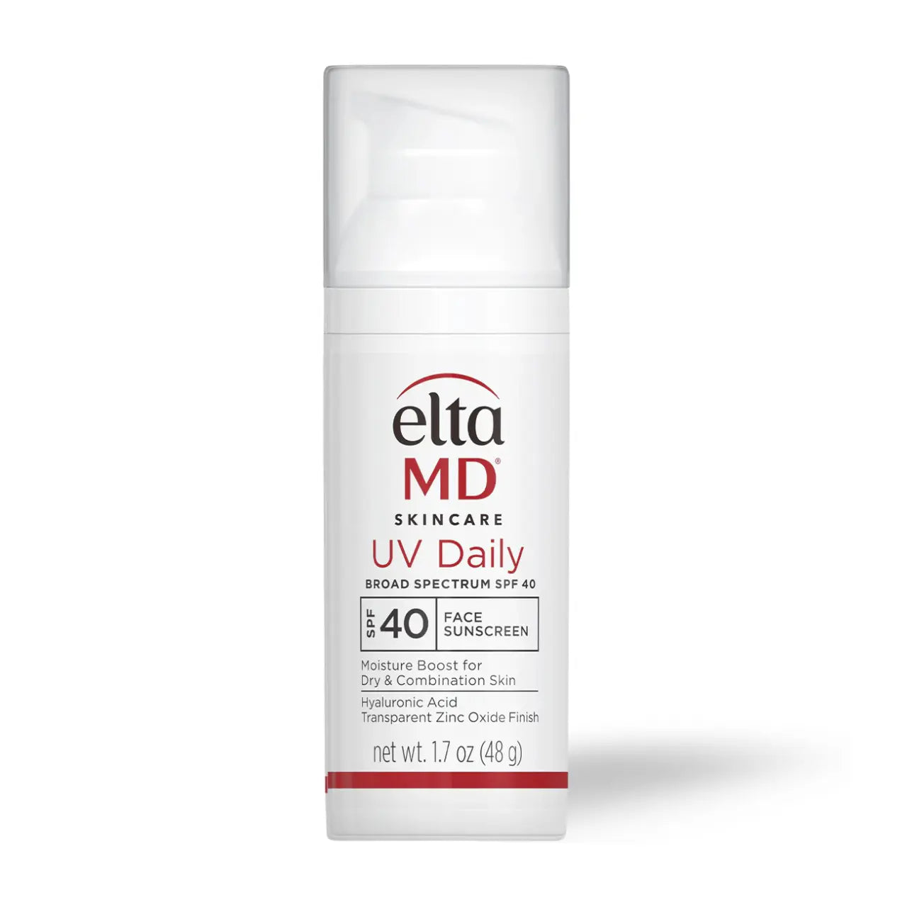 EltaMD UV Daily Broad-Spectrum SPF 40 is a lightweight, moisturizing sunscreen with hyaluronic acid and transparent zinc oxide for UVA/UVB protection.