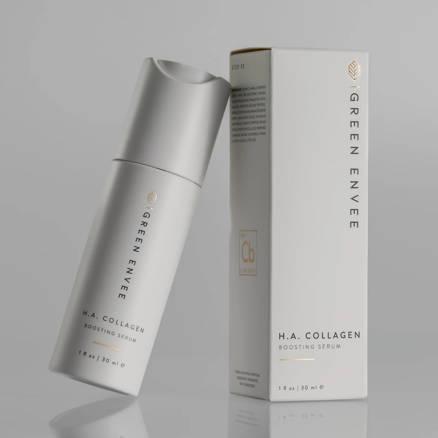 Green Envee H.A. Collagen Boosting Serum provides an antioxidant shield that protects skin from free radicals and environmental stressors.