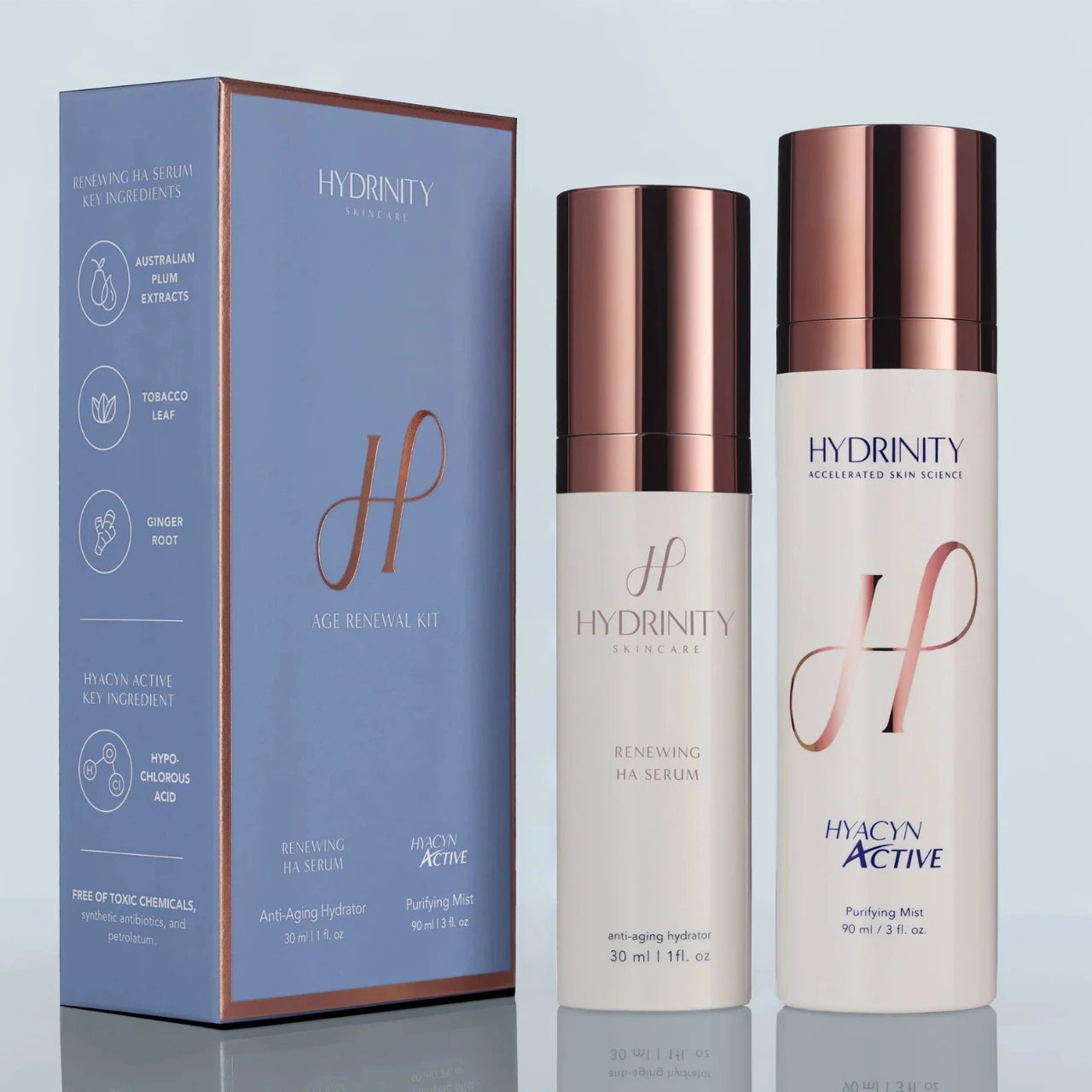 Hydrinity Age Renewal Kit features a gentle, pH-balancing formula, making it safe and effective for sensitive skin.