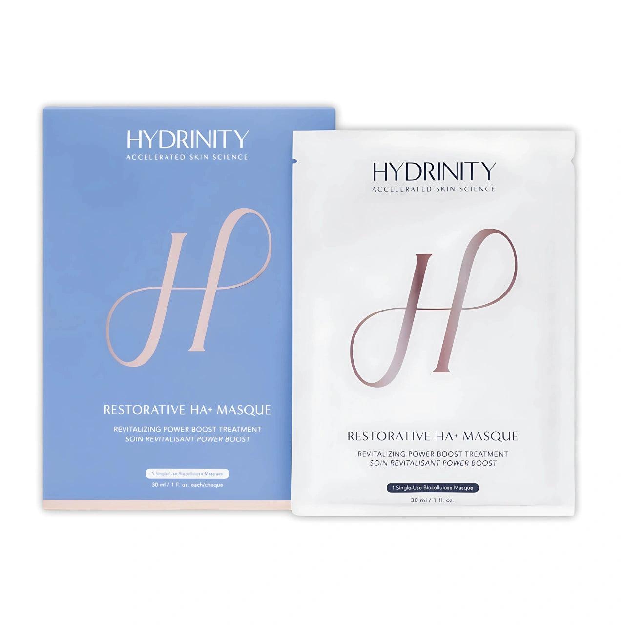 Hydrinity Restorative HA+ Masque 5-pack, a luxurious biocellulose mask for hydration, soothing, and anti-aging benefits.