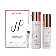 Hydrinity Restorative Post-Procedure Kit designed to heal, hydrate, and protect skin after aesthetic treatments, featuring Hyacyn Active and Restorative HA Serum.