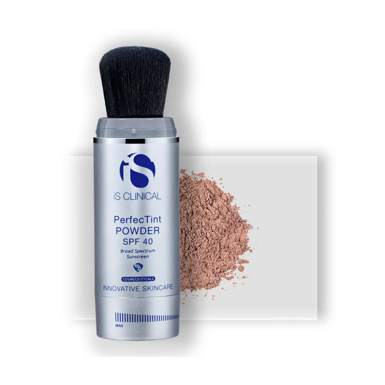 iS CLINICAL PerfecTint Powder SPF 40 in Bronze, enhancing warm skin tones with SPF 40 protection and a smooth, matte finish.