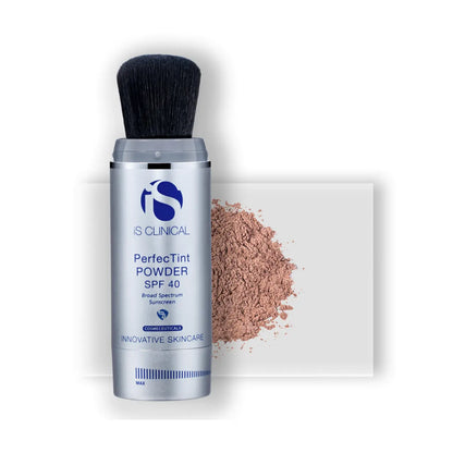 iS CLINICAL PerfecTint Powder SPF 40 in Bronze, enhancing warm skin tones with SPF 40 protection and a smooth, matte finish.