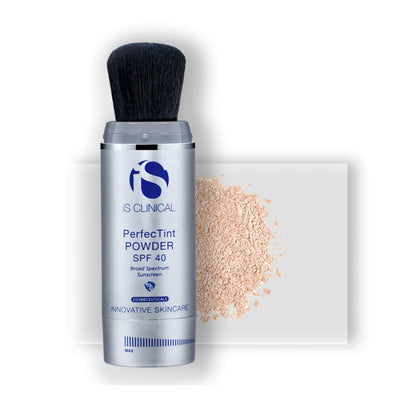 iS CLINICAL PerfecTint Powder SPF 40 in Ivory, offering light coverage with broad-spectrum SPF 40 and a flawless matte finish.