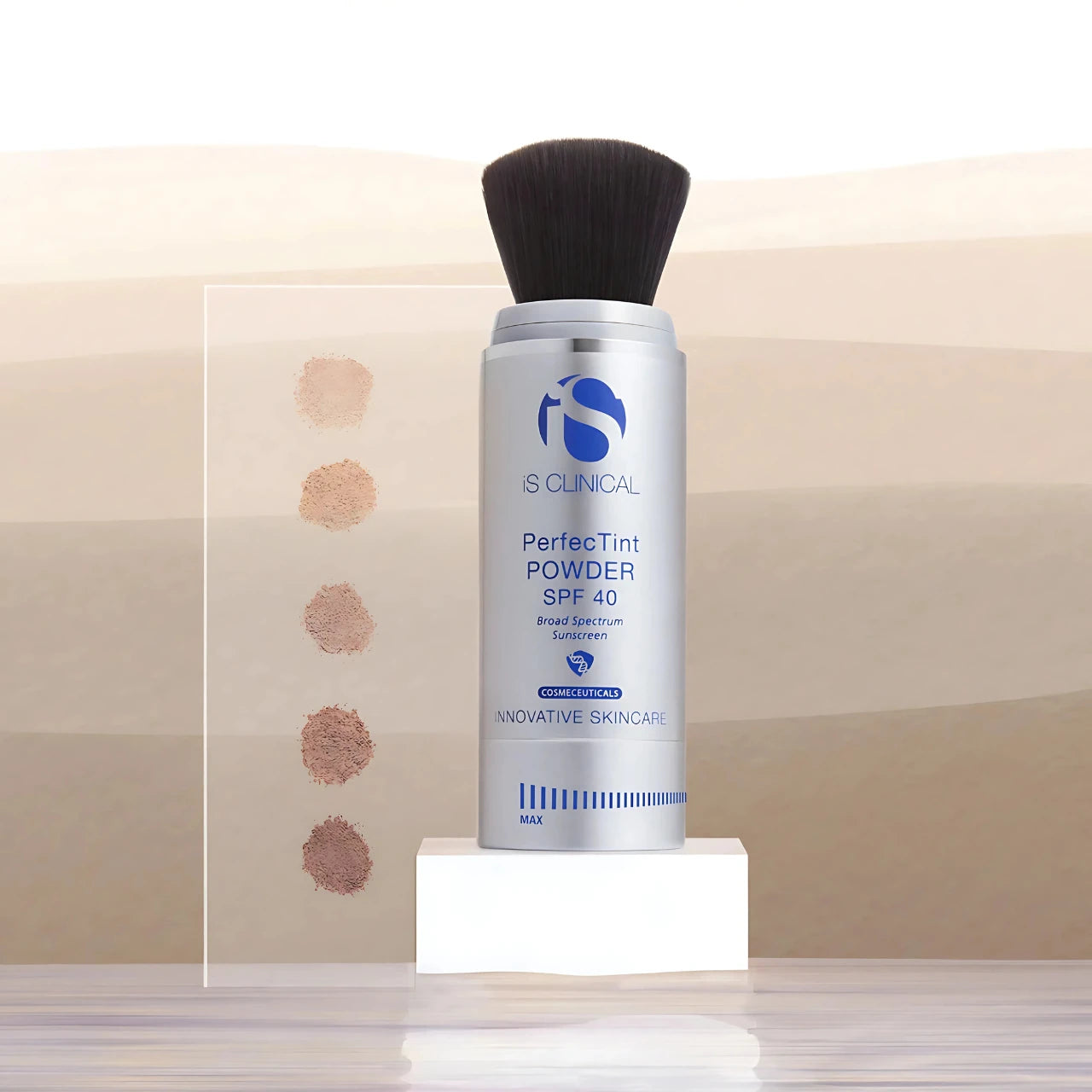 iS CLINICAL PerfecTint Powder SPF 40 providing lightweight, matte coverage with SPF 40 protection and hydrating botanicals for all skin types.