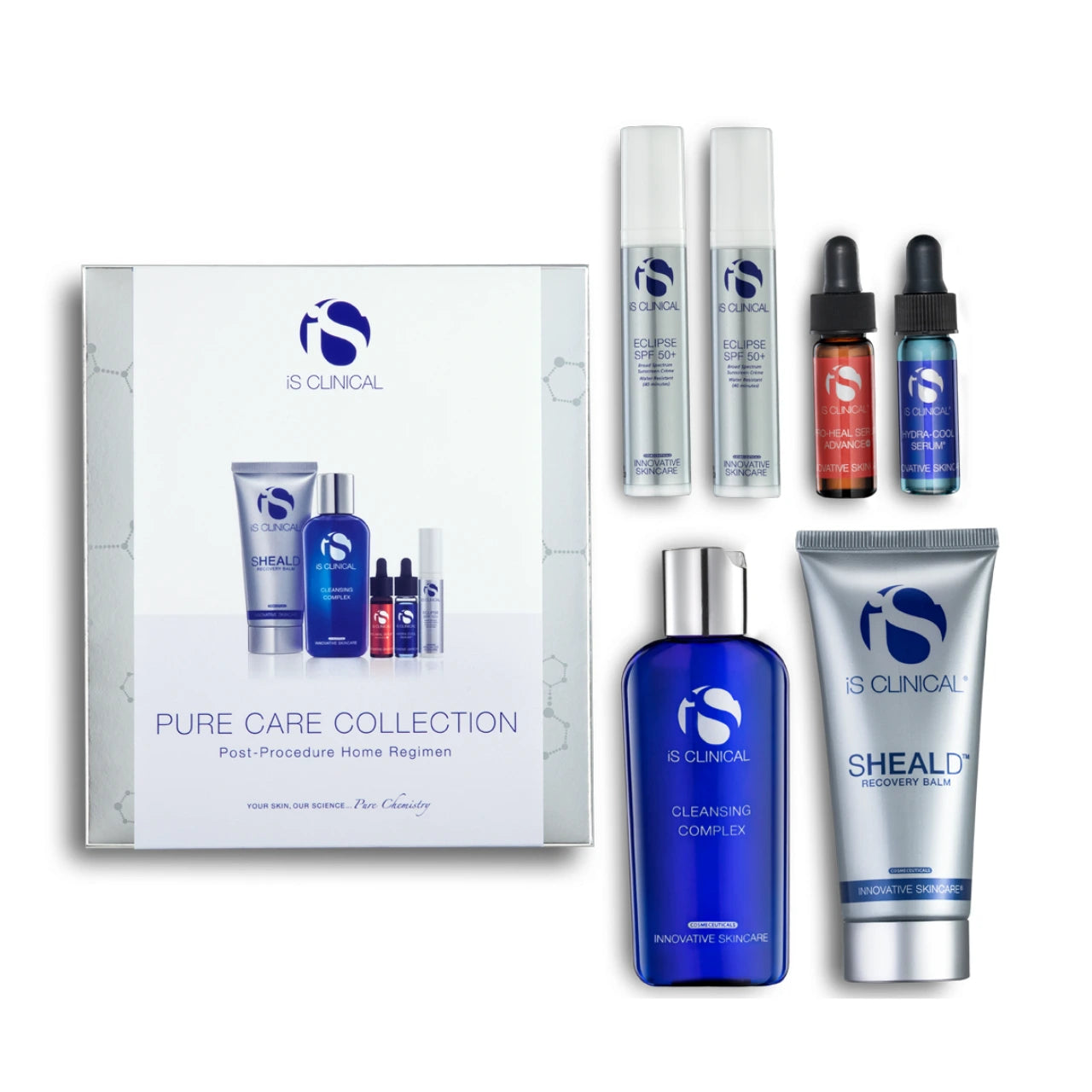 iS CLINICAL Pure Care Collection for soothing, hydrating, and protecting post-procedure skin.