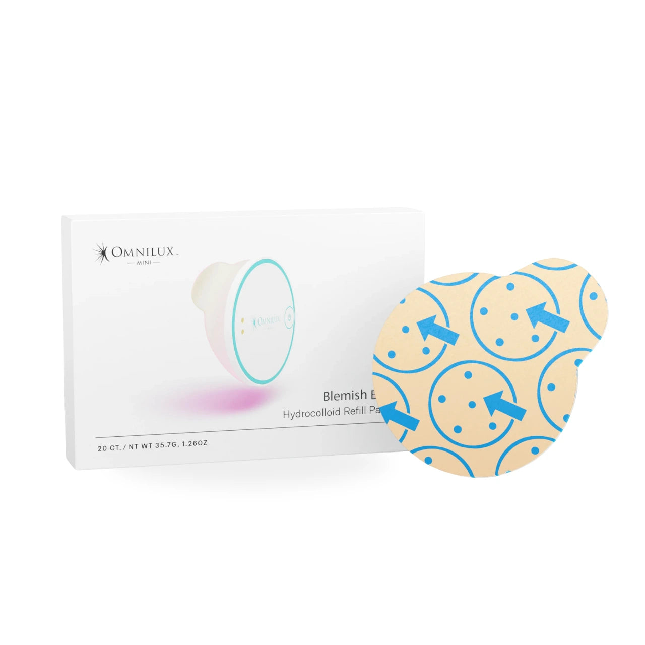 Omnilux Blemish Eraser Hydrocolloid Refill Patches with salicylic acid and green tea for acne treatment and skin soothing.