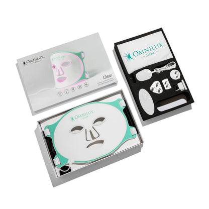 Omnilux Clear LED light therapy mask for acne treatment, FDA-cleared, offering safe, non-invasive care to clear breakouts and reduce inflammation at home.