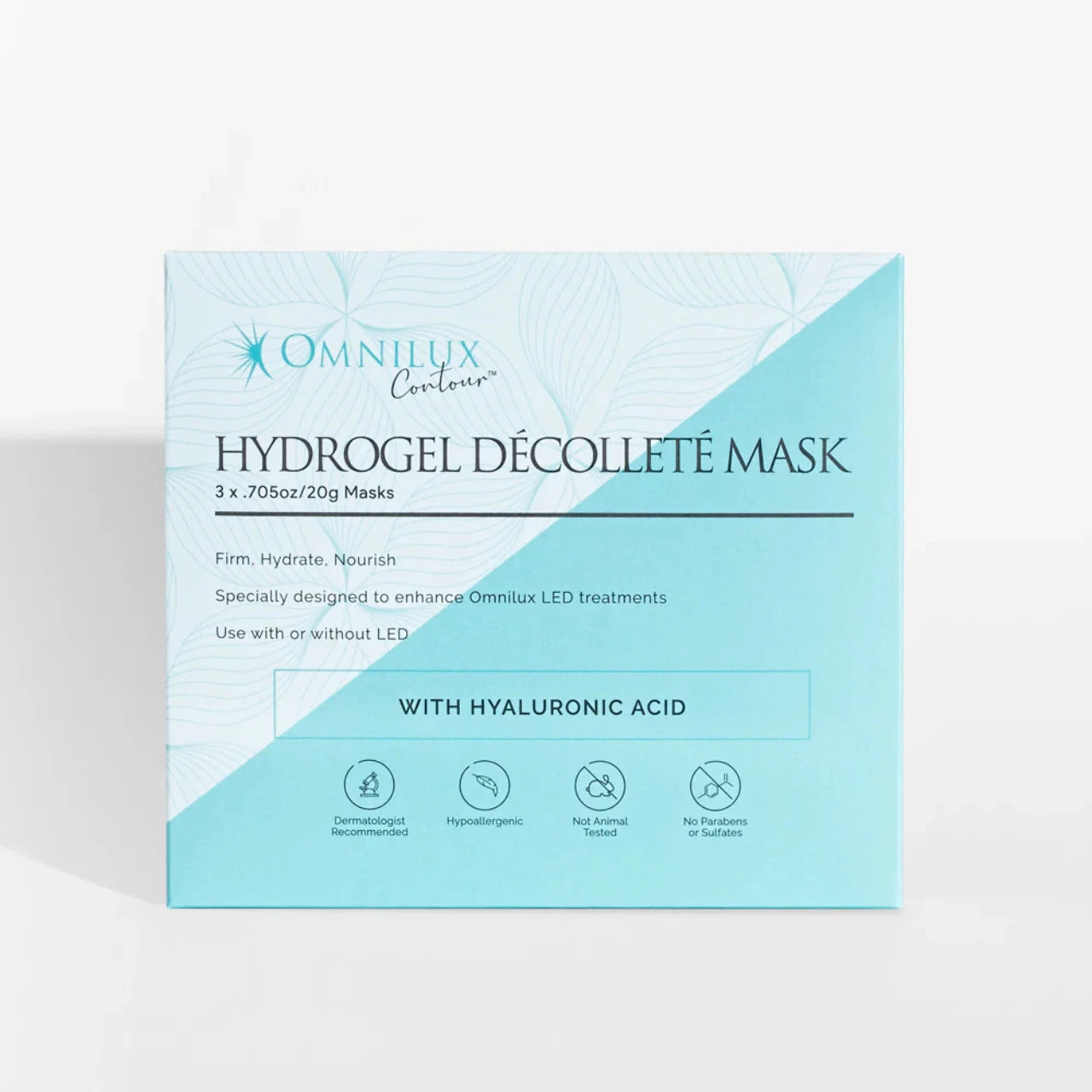 Omnilux Hydrogel Décolleté Mask enhancing LED light therapy by maximizing light absorption for firmer, more radiant skin.