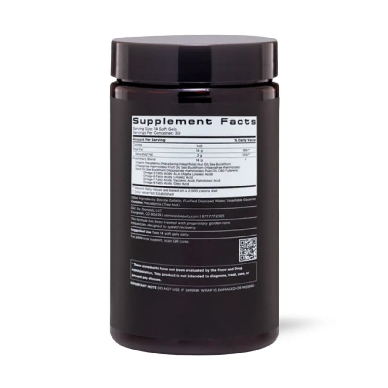 Osmosis Recovery Gel Caps Prebiotic and Omega Supplement for Firm Skin and Gut Health - back bottle