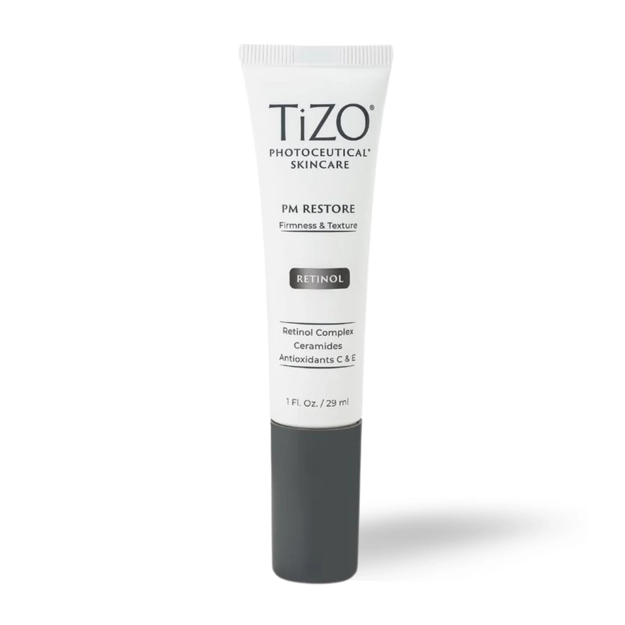 TiZO® PM Restore is a retinol-based night treatment that reduces wrinkles, boosts hydration, and improves skin tone overnight.